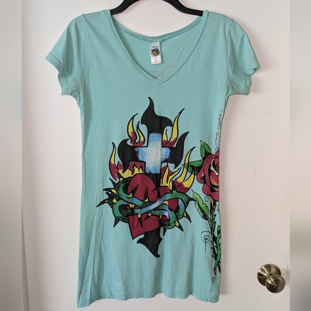 Ed Hardy Aqua/Teal Short Sleeve T-shirt/Tunic